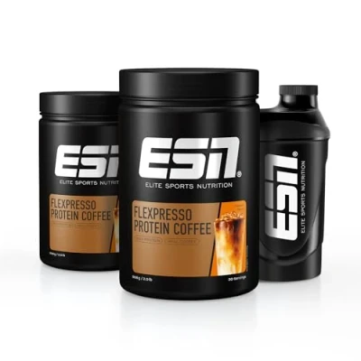 Abbildung von ESN Flexpresso Protein Coffee + Gratis Shaker, Karamell, 2 x 908 g, Cremiger Kaffee mit bis zu 22 g pro Portion made in Germany