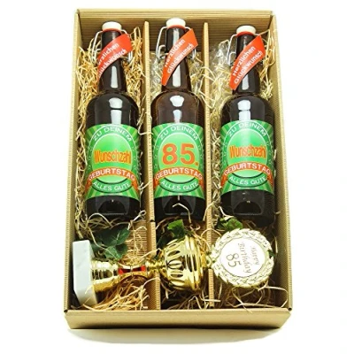 Abbildung von Bier Geschenk Präsentkarton mit und Pokal 85. Geburtstag