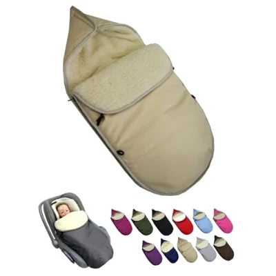 Abbildung von Fußsack für Babyschale [Winterfußsack] Kinderautositz Gruppe 0+ und Kinderwagenschale 3 Punkt 5 Gurtsystem universal Lammwolle Sitzauflage verstellbar (beige)