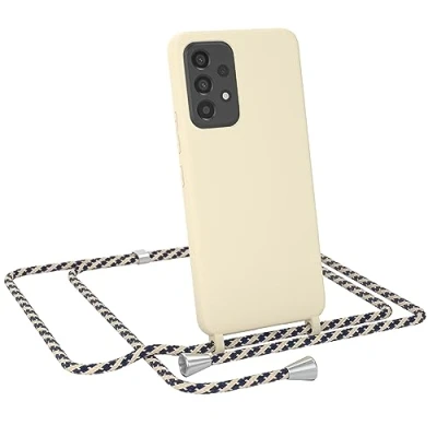 Abbildung von EAZY CASE Handykette austauschbares Band kompatibel mit Samsung Galaxy A53 5G Silikon Necklace(abnehmbar),Stoßdämpfung bei Sturz, Taupe Taupe/Blau Camouflage Clip Silber