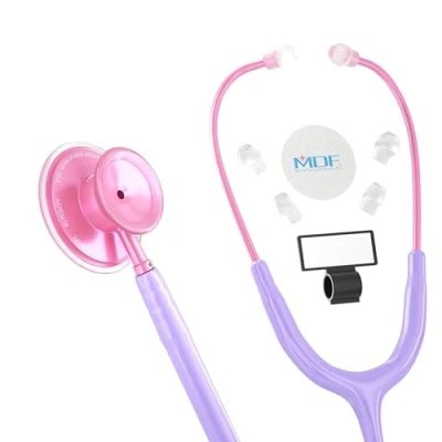 Abbildung von MDF Acoustica leichtes Stethoskop für Ärzte, Krankenschwestern, Erwachsene, Doppelkopf, lila Schlauch, Metalloberfläche rosa Pinkore, MDF747XPPO01