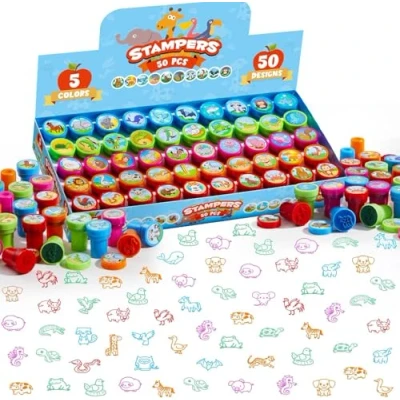 Abbildung von JOYIN 50 Stück Mini Stempel Kinder ab 3 Jahre,Selbstfärbende Tiere Set mit 5 Farben,50 Tieres, kleine Geschenke für Kinder, adventskalender mitgebsel Kindergeburtstag gastgeschenke