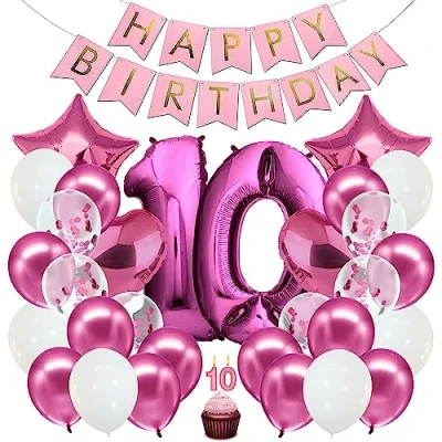 Abbildung von envami® Geburtstagsdeko Mädchen Pink Zahl 10. Geburtstag Happy Birthday Deko Folienballon 10 Luftballon Kindergeburtstag