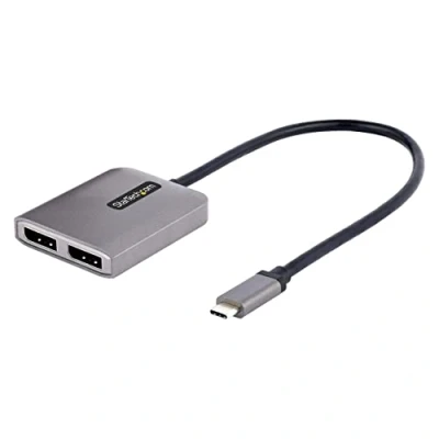 Abbildung von StarTech.com USB C auf Dual DisplayPort 1.4 Adapter, Multi Monitor MST Hub, 5K 60Hz DP Laptop Display Extender / Splitter, HDR, extra langes integriertes Kabel, nur Windows (MST14CD122DP)