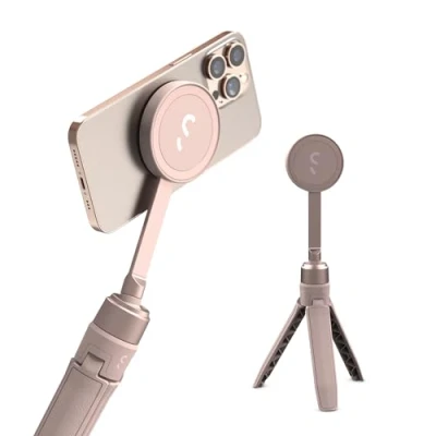 Abbildung von ShiftCam SnapPod Video Selfie Stick und Stativ magnetische Halterung lässt sich an jedem Telefon befestigen neigbares Design Kreiderosa