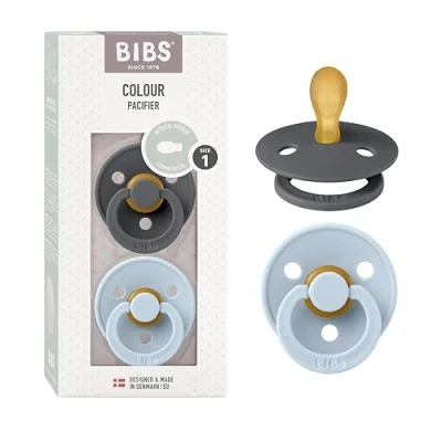Abbildung von BIBS Colour Symmetrical Schnuller 2er Pack, BPA frei Dummy Schnuller, Symmetrischer Nippel. Naturkautschuk/Latex, Hergestellt in Dänemark. 0 6 Monate (2er Pack), Iron/Baby Blue