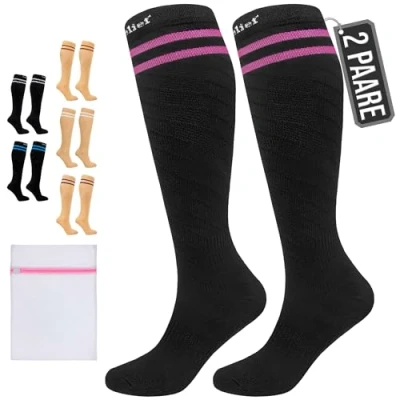 Abbildung von 360 Relief Kompressionsstrümpfe Klasse 1 für Damen und Herren 15 20 mmHg Stützstrümpfe langstreckenflug, Reise, Sports, Running, Laufen 2 Paare Kompressionssocken L/XL Schwarz mit Wäschenetz