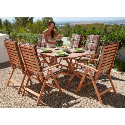 Abbildung von MERXX Garten Essgruppe &quot;Borkum&quot;, (13 tlg., 6x Sessel, inkl. Sitz und Rückenkissen, 1x Klapptisch 135x85 cm), Eukalyptusholz, FSC Mix, geeignet für 6 Personen