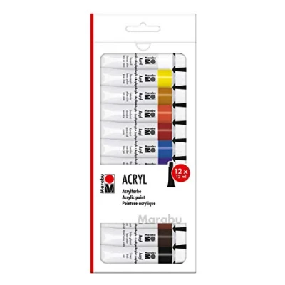 Abbildung von Marabu 1210000000200 Acrylfarbenset mit 12 Farben á ml, deckende, matt glänzende Acrylfarben auf Wasserbasis, für Keilrahmen, Malkarton, Papier und Holz geeignet, schnell trocknend
