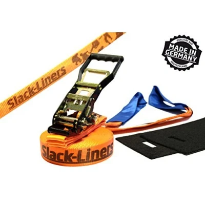 Abbildung von Slack Liners 4 Teiliges Slackline Set LEUCHTGRÜN 50mm breit, 15m lang mit Langhebelratsche Made in Germany