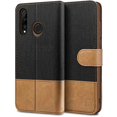 Abbildung von BEZ Handyhülle für Huawei P30 Lite Hülle, Tasche Kompatibel Lite, Schutzhüllen aus Klappetui mit Kreditkartenhaltern, Ständer, Magnetverschluss, Schwarz