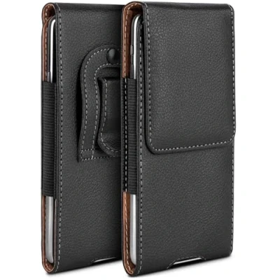 Abbildung von moex Plug Case kompatibel mit Apple iPhone 15 Hülle Gürtelclip, Handy Gürteltasche aus Vegan Leder, Handyhülle zum Einstecken, Etui Flip Schutzhülle klappbar Schwarz