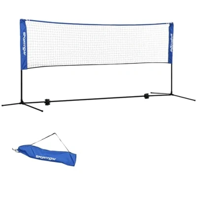 Abbildung von SPORTNOW Badmintonnetz Set Faltbares Volleyballnetz, 103/120/155H cm Höhenverstellbar Federballnetz Tennisnetz mit Transporttasche Indoor Outdoor, Metall Polyester Blau