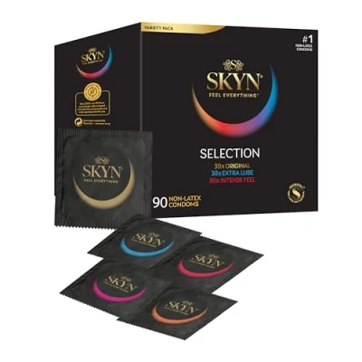Abbildung von SKYN Selection Kondome 90 Stück/Skynfeel Latexfrei für Männer, 30 x Original, intensives Gefühl, Extra Gleitmittel, in normaler Größe, dünne Kondome, 53 mm breit