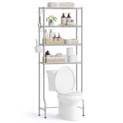 Abbildung von SONGMICS 4 stöckiges Toilettenregal, Badezimmerregal, Waschmaschinenregal, verstellbare Ablagen, mit Haken, Toilettenpapierhalter, platzsparend, 30 x 63 176 cm, Taubengrau BTS013G01