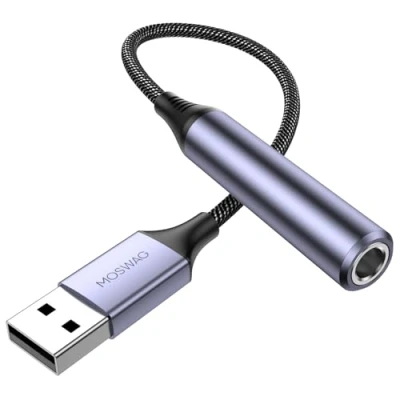 Abbildung von MOSWAG USB auf 6.35mm Jack Audio Adapter, A Stecker 6,35 mm Buchse TRS Headset Adapter mit Externe Soundkarte kompatibel Laptop, PC, Verstärker, Lautsprecher, Kopfhörer
