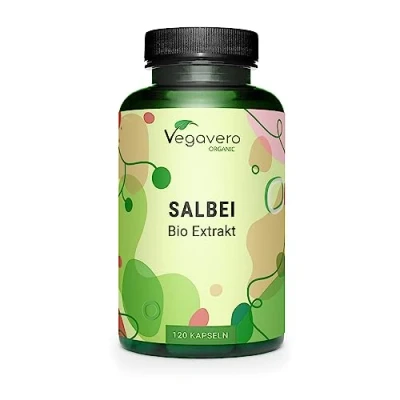 Abbildung von Bio Salbei Kapseln Vegavero® Mit 1% Rosmarinsäure 500mg Extrakt pro Einheit aus Frankreich Starkes Schwitzen Hitzewallungen Wechseljahre 120 Stück Vegan