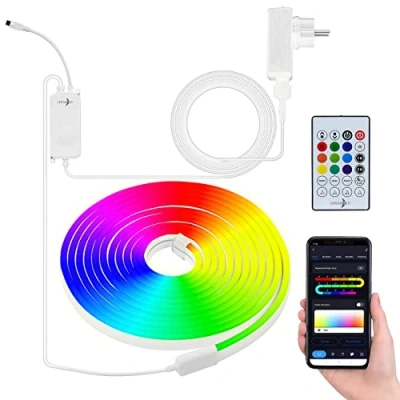 Abbildung von Lunartec LED Streifen: WLAN Neon Schlauch mit RGBW IC LEDs, App, Sprachsteuerung, IP65, 5 m (RGBW Streifen, Adapter, Bluetooth)