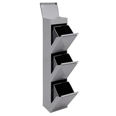 Abbildung von ARREGUI Top CR322 B Mülltrennsystem aus Stahl mit Aufbewahrungsbox Deckel 3 Fächer Mülleimer für die Küche 3x17L (51L) Fach Abfalleimer Herausnehmbare Inneneimer Griff hellgrau