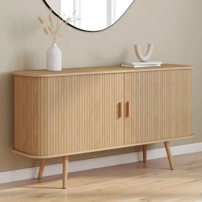 Abbildung von IDMarket Anrichte 140 cm Romie 2 Schiebetüren, Latten, Holz, Farbe Eiche