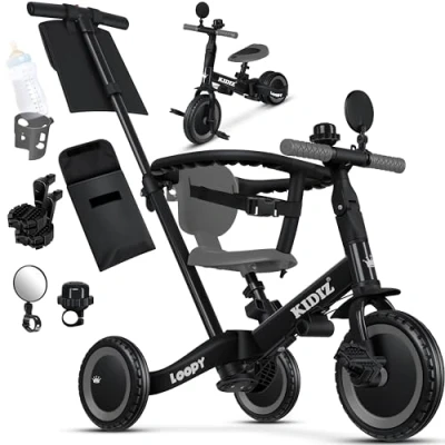 Abbildung von KIDIZ® 6in1 Laufrad Dreirad Laufräder Lauffahrrad Kinderdreirad ab 1 Jahr bis 5 Jahre Lauflernhilfe belastbar 25Kg inkl. Lenkstange Sicherheitsbügel Sicherheitsgurt Klingel &amp; Spiegel