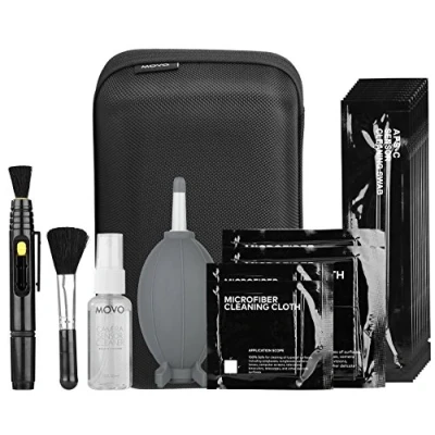 Abbildung von Movo DSLR Kamera Reinigungs Kit mit 10 APS C Sensor Bürsten, Reinigungsflüssigkeit, Rocket Luftpuster, Linsenstift, weicher Bürste, 2X kleinen &amp; großen Microfiber Tüchern Tragetasche