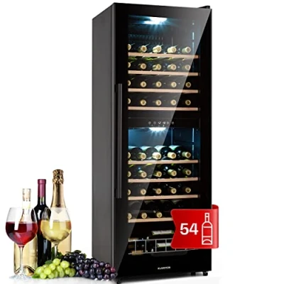 Abbildung von Klarstein Weinkühlschrank, Getränkekühlschrank Schmal, 2 Zonen Kühlschrank mit Glastür, Getränkekühlschränke Freistehend, Weinkühlschrank Klein, Weinkühlschränke UV Schutz, 5 18C, 54 Flaschen