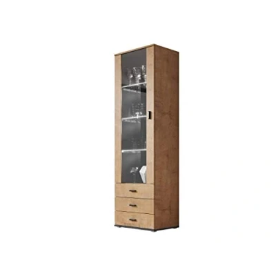 Abbildung von Mirjan24 Vitrine Standvitrine Soho S1, Glasvitrine, Vitrinenschrank, Hochschrank, Stauraumvitrine, Wohnzimmer Highboard Schrank (Eiche Lefkas/Eiche Lefkas + Schwarz, mit Blauer LED Beleuchtung)