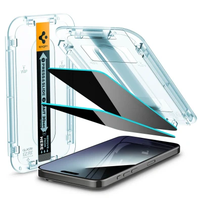 Abbildung von Spigen Glas.tR EZ Fit Sichtschutz Schutzfolie kompatibel mit iPhone 15 Pro, 2 Stück, Privacy Schutz, Kratzfest, 9H Härte Folie