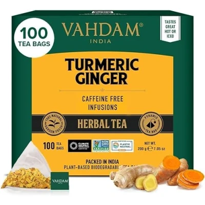 Abbildung von VAHDAM, Turmeric Ginger Kräutertee Beutel (100 Teebeutel) Koffeinfrei Kurkuma &amp; Gartenfrischen Gewürzen Verpackt in Indien Brühen Sie Heiß, Eis oder Kombucha Tee