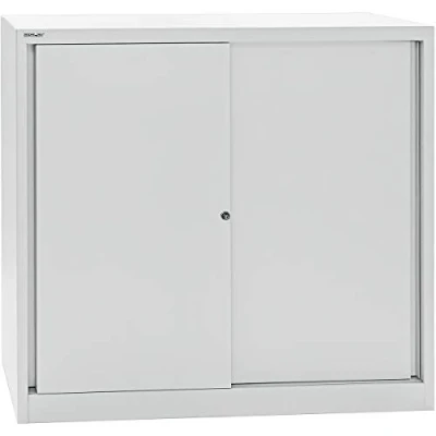 Abbildung von BISLEY Schiebetürenschrank ECO, 2 Fachböden, 3 OH, Metall, 645 Lichtgrau, 43 x 120 118.1 cm