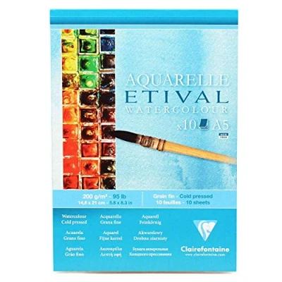 Abbildung von Clairefontaine 96301C Etival Matt Aquarellpapier Block (kopfseitig geleimt, 10 Blatt, DIN A5, 14,8 x 21 cm, feinkörnig, 100% Zellulose, 200 g) weiß