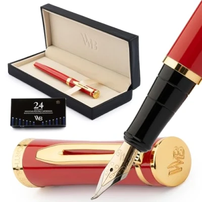Abbildung von Wordsworth &amp; Black Füllfederhalter Set, gebogene Feder, inklusive 24 Tintenpatronen, Tintennachfüllkonverter Geschenkbox, Kalligraphie, [Karminrot], Perfekt für Männer Frauen