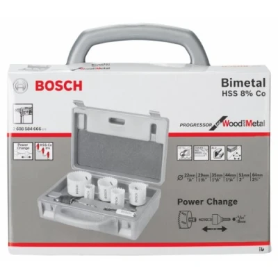 Abbildung von Bosch Professional 9 tlg. Lochsäge HSS BiM Progressor for Wood &amp; Metal Set Elektriker (für rostfreien Edelstahl und Metall, Ø 22 64 mm, Zubehör Bohrmaschine)