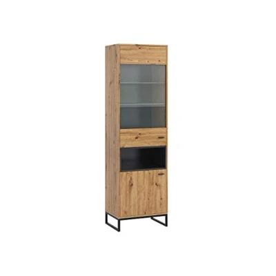 Abbildung von Mirjan24 Vitrine Olier WIT60, Standvitrine, Vitrinenschrank, Stauraumvitrine, Hochschrank, Highboard, Wohnzimmer, Wohnzimmer Schrank (Eiche Artisan/Eiche Artisan + Schwarz, mit LED Beleuchtung)