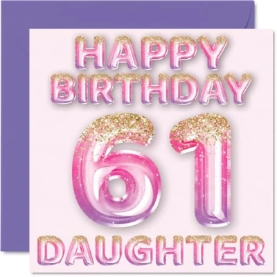 Abbildung von Stuff4 Geburtstagskarte zum 61. Geburtstag für Tochter rosa &amp; lila Glitzerballons Happy Birthday Karten 61 Jahre alte von Mama Papa Eltern, 145 mm x