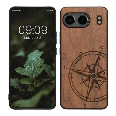 Abbildung von kwmobile Hülle kompatibel mit OnePlus Nord 4 5G Holz Case Handy Cover TPU Handyhülle in Dunkelbraun Vintage Kompass Perlmutt