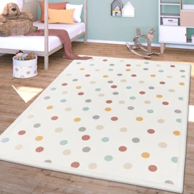Abbildung von TT Home Waschbarer Teppich Krabbelmatte Babyzimmer Kinder rutschfest Flauschig Punkte, Farbe:Blau Gelb Creme, Größe:160x220 cm