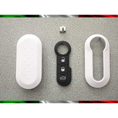 Abbildung von TOPBEST Schlüsselcover + Gummitasten Schlüsselanhänger kompatibel mit FIAT 500, Grande Punto, Evo, Bravo, Panda, 500L, Lancia Y Ypsilon, Musa, Delta Weiß