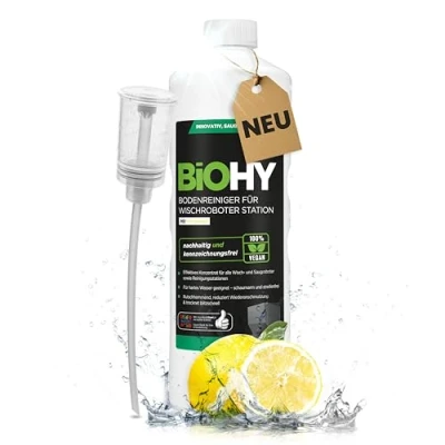 Abbildung von BiOHY Bodenreiniger für Wischroboter Station mit Frischeduft (1l Flasche) + Dosierer Reinigungsmittel Konzentrat alle Wisch &amp; Saugroboter Nass Funktion Schaumarm Streifenfrei