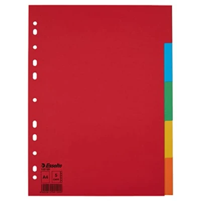 Abbildung von Esselte Register für A4, 20er Pack, 5 Trennblätter mit Taben, Rot/Mehrfarbig, Recyclingkarton, 100199