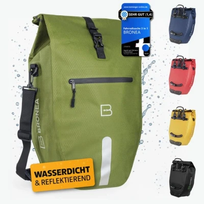 Abbildung von Bronea Fahrradtasche 2 in 1 Gepäckträgertasche Fahrrad XXL 28 Ltr OLIVEGREEN abnehmbar (Fahrradtasche für Gepäckträger hinten, Wasserdicht &amp; Reflektierend Laptoptasche), Innovatives verstellbares Click System alle