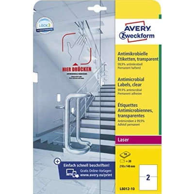 Abbildung von AVERY Zweckform L8012 10 selbstklebende Folie antibakteriell A5 (entfernt 99,9% aller Bakterien, Viren, Keime, 20 Hygieneaufkleber, permanente Etiketten für Türgriffe, Kontaktflächen) Blatt