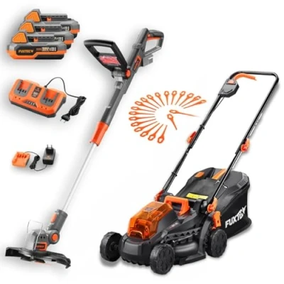Abbildung von FUXTEC Akku Garten Set 20V Rasentrimmer und 33cm Rasenmäher 40V (2x20V) inklusive 3X 2Ah Li Ion Akkus &amp; Doppelladegerät Trimer Schnittbreite 25cm mit Schnitthöheneinstellung