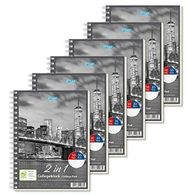 Abbildung von Stylex 40033 P6 Collegeblock Duo mit Spiralbindung, DIN A5, 50 Blatt kariert und 30 liniert, 6 Stück
