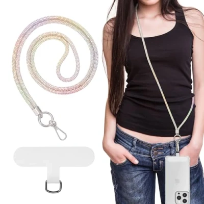 Abbildung von MoKo Universal Handy Lanyard, Metall Kette Crossbody Strap Anti Diebstahl Abnehmbare Frauen Lanyards um den Hals mit Patches für iPhone, die meisten Smartphones, Kristall Silber