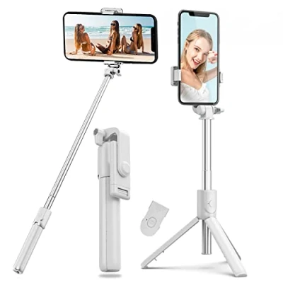 Abbildung von Selfie Stick Bluetooth Handy, Tripod stativ,4 in 1 Stange aus Aluminium Erweiterbar mit Kabelloser Fernbedienung um 360 Drehbar für iPhone Android Samsung Zoll Smartphones (weiß)