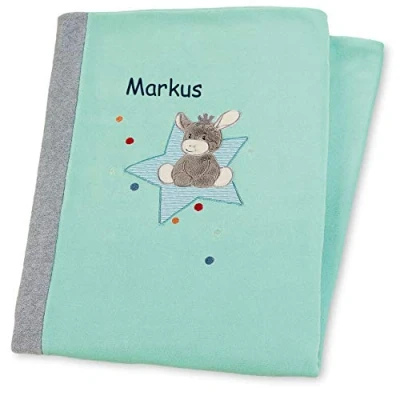 Abbildung von Sterntaler Schmusedecke bestickt mit Namen, Kuscheldecke Decke 100x75 Esel Emmi 2020 Grün/Grau Kinderdecke Junge Mädchen