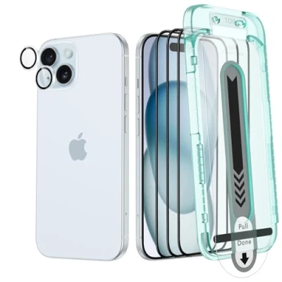 Abbildung von ESR iPhone 15 Plus Armorite Displayschutzfolien Set, extrem Robustes gehärtetes Glas, Rahmen für einfache Anbringung, 3 Stück mit 1 Satz individuellem Kamera Schutz