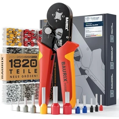 Abbildung von BAURIX® Crimpzange mit 1820 Aderendhülsen Set Aderendhülsenzange selbsteinstellend 0,2510 mm², 8 18mm Länge Elektriker Werkzeug für zuverlässige Kabelverbindungen PERSEUS (4 Kant)